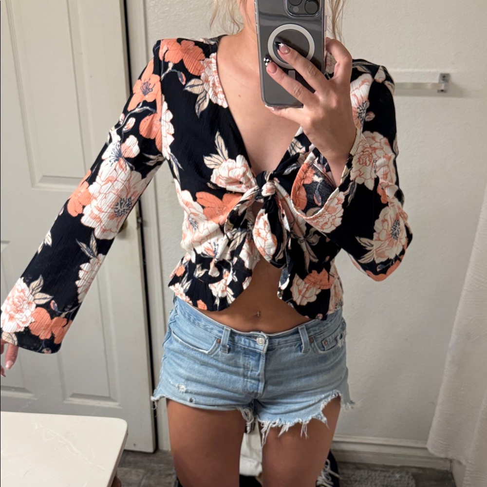 Roxy Black and Orange Floral Tie-Front Blouse